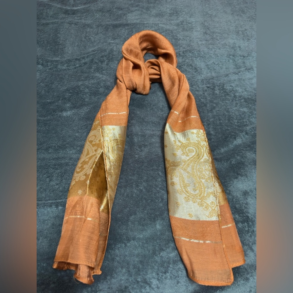 Elegant Orange and Gold Paisley Scarf - Picture 2 of 4